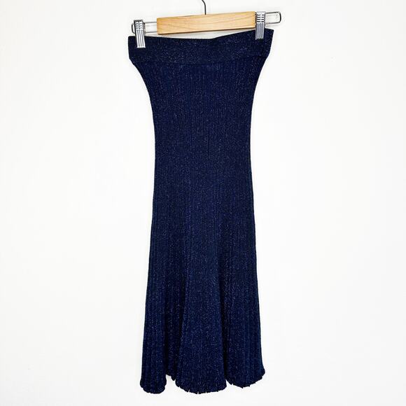 & Other Stories Glittery Pleated Rib Knit Midnight Navy Blue Sheer Midi Skirt XS - Picture 4 of 13